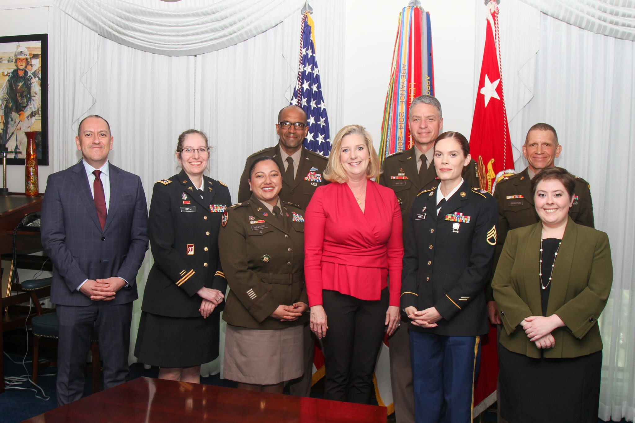 Army senior leaders join policy contributors from across the force to sign the Parenthood, Pregnancy and Postpartum Army directive on April 19, 2022 at the Pentagon. Pictured from left to right first row: Gabriel Camarillo, Undersecretary of the Army; Lt. Col Kelly Bell; Maj. Sam Winkler; Christine E. Wormuth, Secretary of the Army; Staff Sgt. Nicole Pierce; Amy Kramer. Second row from left to right: Lt. Gen. Gary Brito, Army G-1; Gen. Joseph M. Martin, vice chief of staff of the Army; Command Sgt. Maj. Michael Grinston, sergeant major of the Army. (Staff Sgt. Tae Harrison)