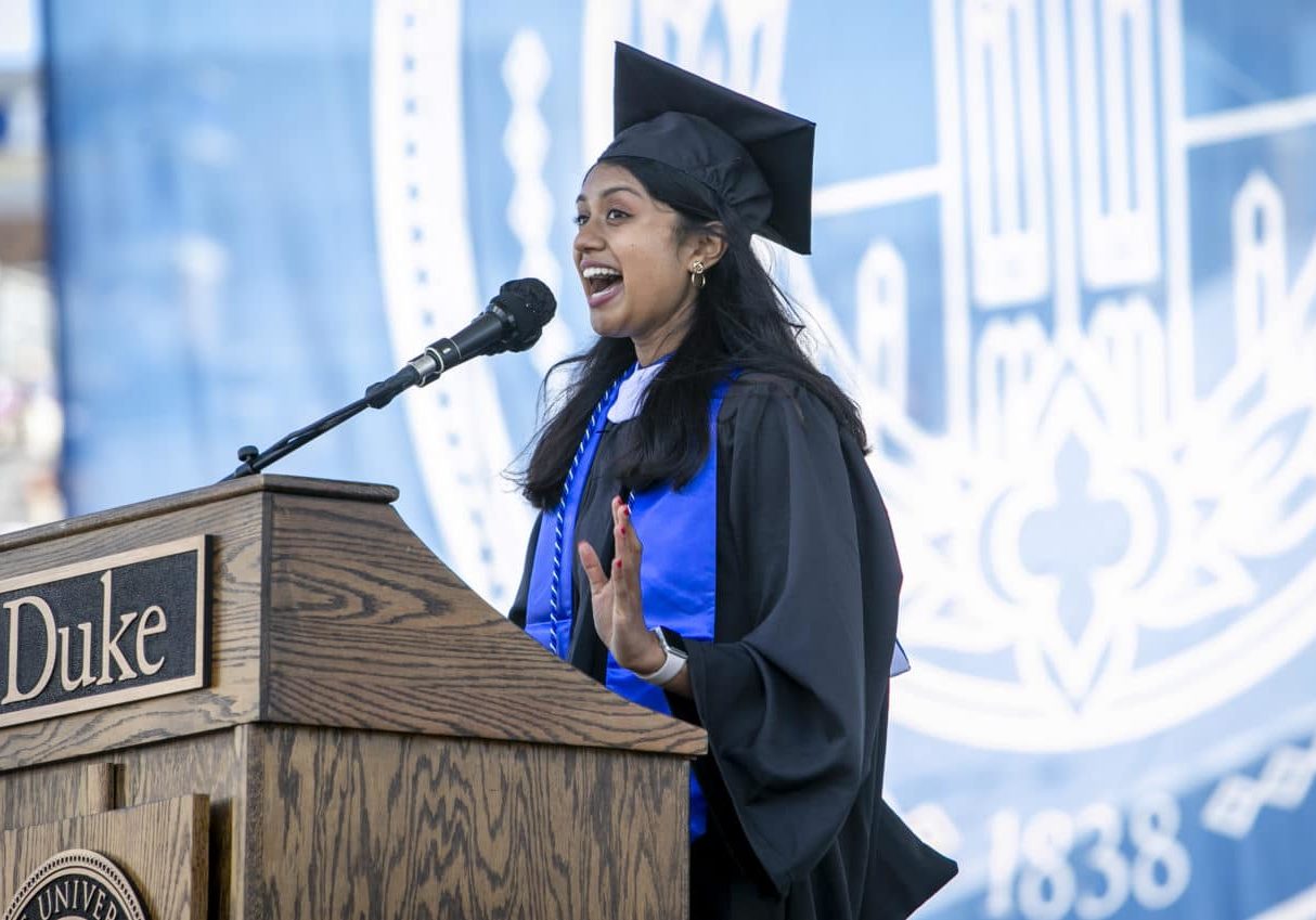 Meghana Sai Iragavarapu delivers the student address during Duke University's Commencement Ceremony on Sunday, May 2, 2021. John Legend, multiplatinum-selling singer-songwriter, actor, producer and philanthropist, delivered the keynote address.