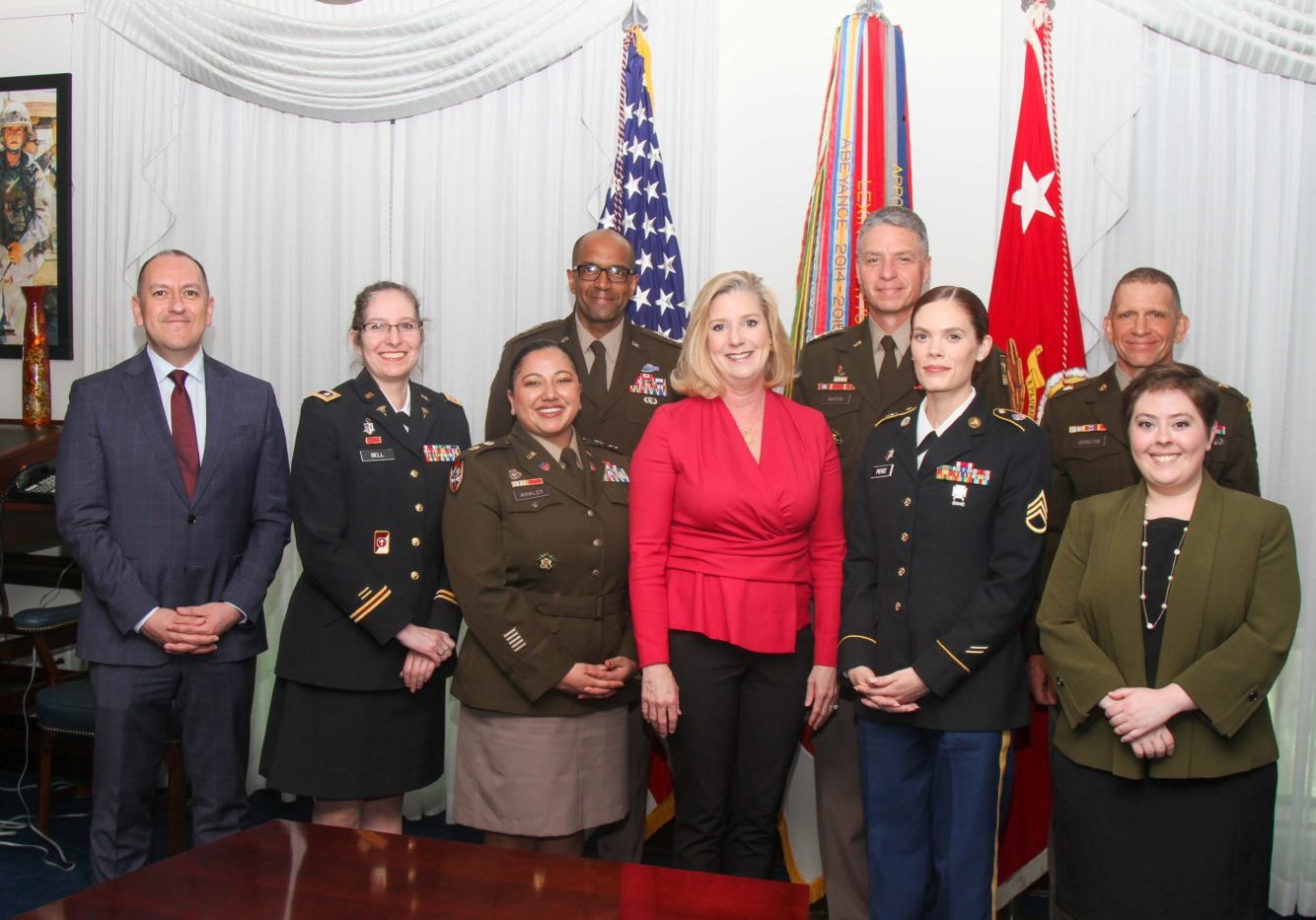 Amy Kramer Directive Signing Army senior leaders join policy contributors from across the force to sign the Parenthood, Pregnancy and Postpartum Army directive on April 19, 2022 at the Pentagon. Pictured from left to right first row: Gabriel Camarillo, Undersecretary of the Army; Lt. Col Kelly Bell; Maj. Sam Winkler; Christine E. Wormuth, Secretary of the Army; Staff Sgt. Nicole Pierce; Amy Kramer. Second row from left to right: Lt. Gen. Gary Brito, Army G-1; Gen. Joseph M. Martin, vice chief of staff of the Army; Command Sgt. Maj. Michael Grinston, sergeant major of the Army. (Staff Sgt. Tae Harrison)